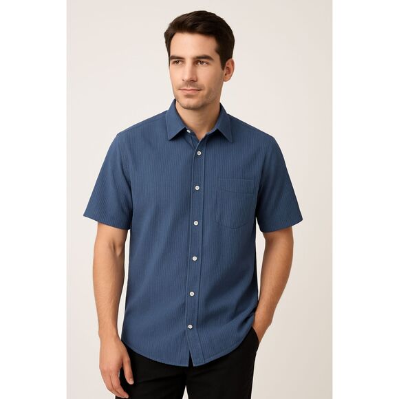 LL Bean Men Organic Cotton Slight Fitted Short Sleeve Shirt Size L Seersucker - Picture 8 of 8